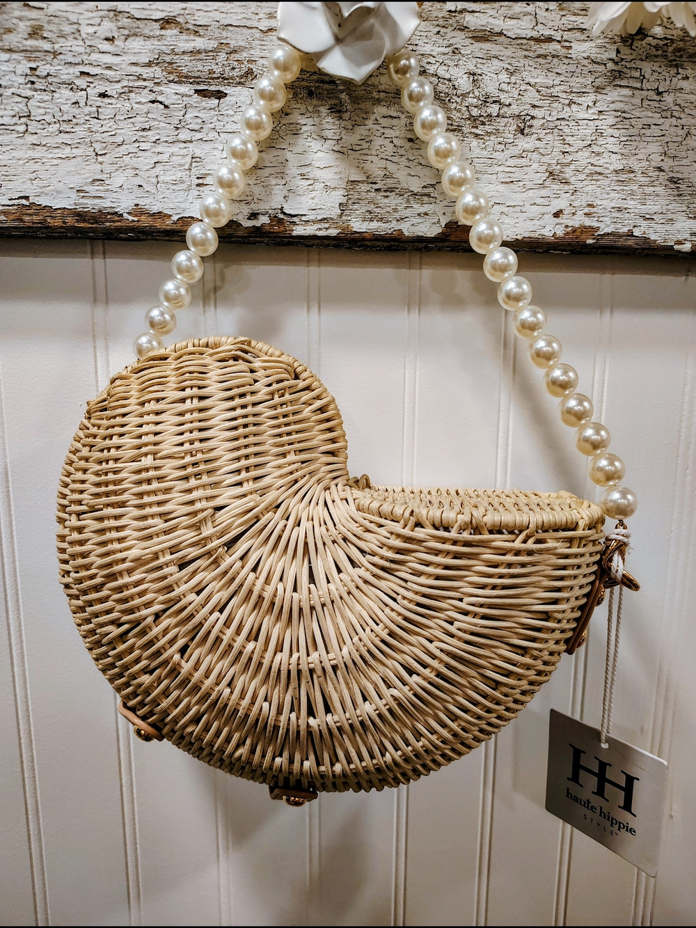 Haute Hippie Woven Rattan Crescent Crossbody with Pearl Strap - Natural